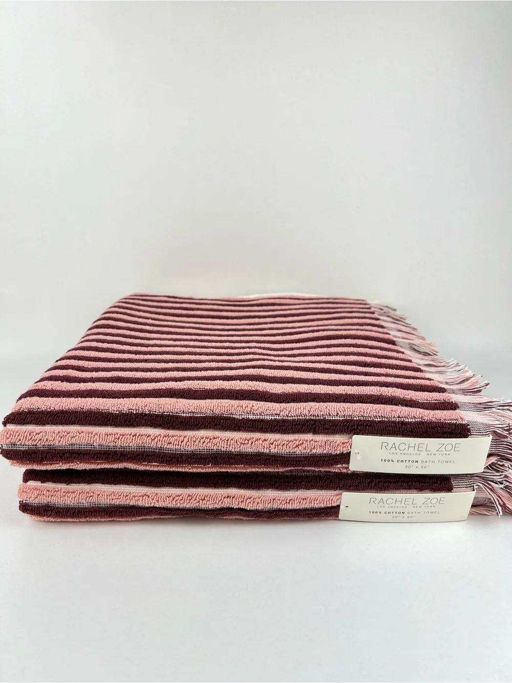 Rachel Zoe Pink & Burgundy Striped Cotton Bath Towels with Fringe 2 Pc Set NEW